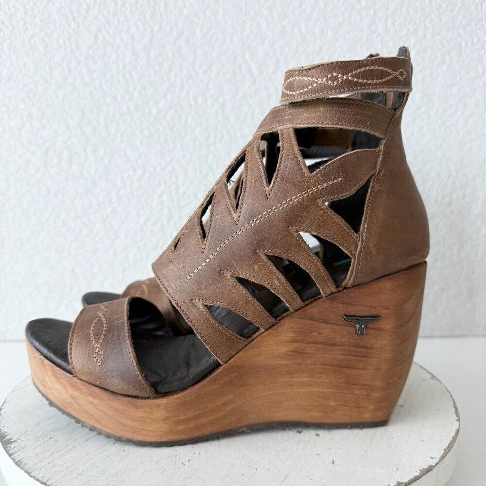 NEW Lane Boots BECCA Womens Brown Wedges 9 Western Sandals Cowgirl Wooden Heels - Picture 5 of 12